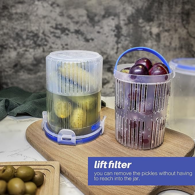 KIKINIKO Pickle Jar 24 oz pickle container with strainer Pickle Holder Keeper Lifter, pickle storage container suitable for pickling small jars of kimchi, Flip Jar with Leak Proof and Lock It Lid