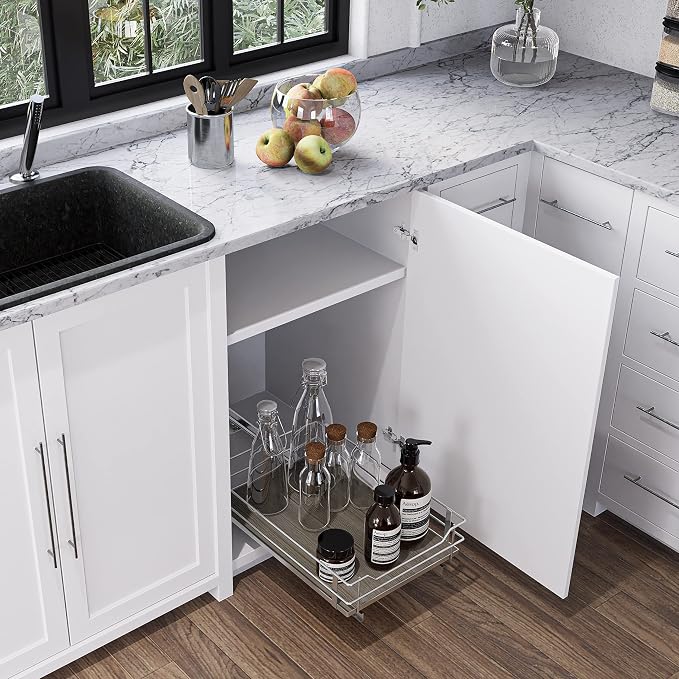 Home Zone Living Pull Out Kitchen Cabinet Organizer with Slide Out Drawer for Space Saving Storage, 14”W x 21”L, Satin Nickel Light Brown Wood Finish