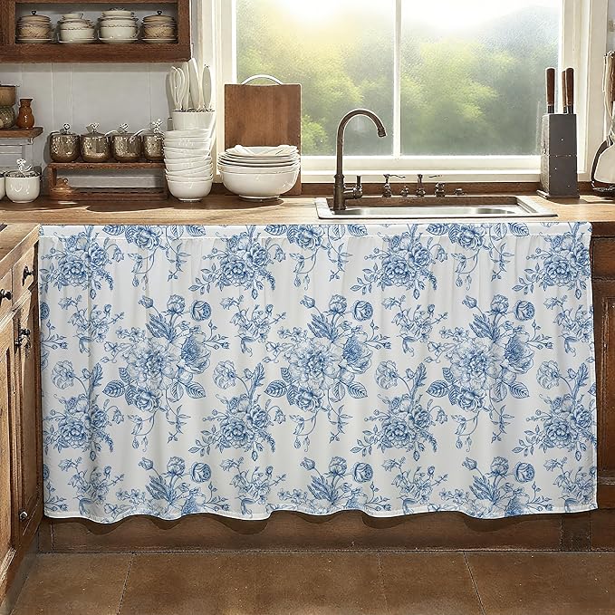 MUGINYU Blue Vintage Floral Short Curtains for Kitchen &Classroom,28" W x 51" L Sink Skirt for Bathroom Cabinet Curtains,Farmhouse Cottage Core Closet Dishwasher Curtain with Velcro