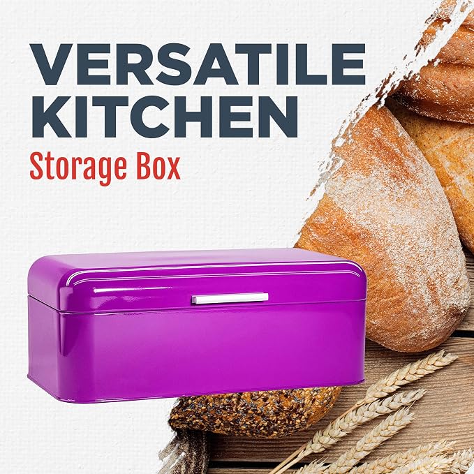 Culinary Couture Extra Large Purple Bread Box for Kitchen Countertop - Holds 2 Bread Loaves! - 16.5" x 9" x 6.5" - Stainless Steel Vintage Bread Boxes for Kitchen Counters - Bonus Recipe Ebook