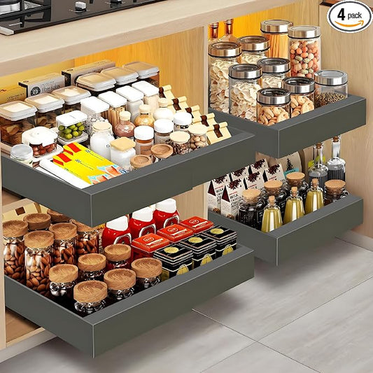 4 Pack Pull Out Cabinet Organizer for Pots and Pans, Upgraded 3-Slide Rail System with Adhesive Pads, Expandable Width (15.2"-26.2") Fits 21" Deep Framed/Frameless Cabinets, Gray Slide-Out Shelves