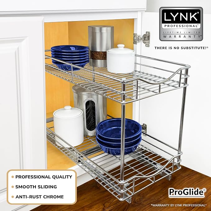 LYNK PROFESSIONAL® Pull Out Cabinet Organizer - 11" x 18" - Slide Out Cabinet Organizer for Kitchens - Sliding Shelves - Pull Out Drawer, Pots and Pans Storage - Lifetime Ltd Warranty - 2 Tier