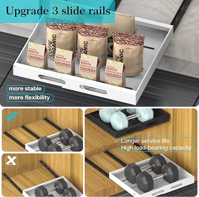 Expandable Pull Out Cabinet Organizer 21" Deep, Adhesive Pull Out Drawers For Cabinets 12.6"W - 20.5"W, No Drill Pull Out Cabinet Organizer Expandable, Expandablet Drawer For Kitchen, Pantry, Bathroom