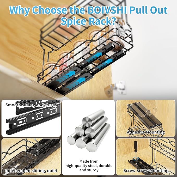 BOIVSHI Pull Out Spice Rack - Heavy Duty Vertical Spice Rack Pull Out, No Drill Install Spice Organizer for Cabinet, Inside Cabinet, Narrow Cabinet, 2.1" W×10.1" D×8.1" H, 3-Pack, Black