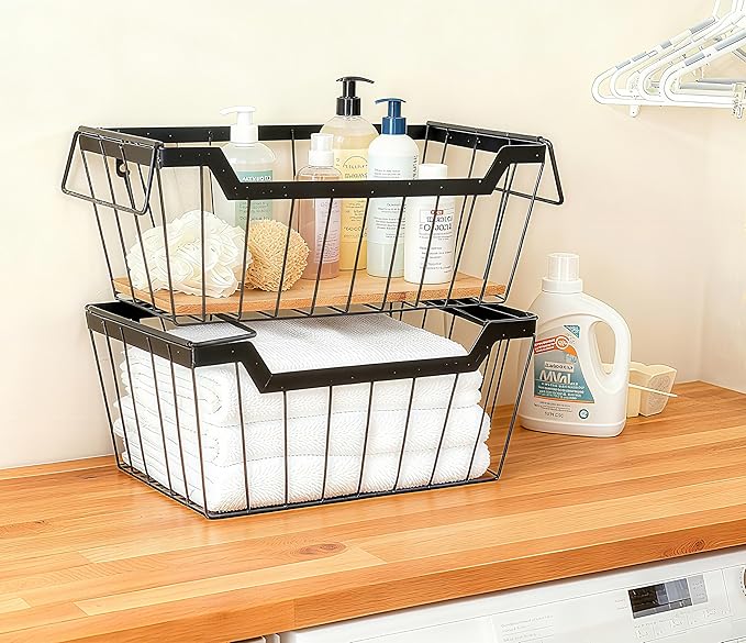 ShabbyDecor Metal Wire Basket with Handles Storage Organizer Stackable Organizing bins for Cabinet Shelf Countertop Under Sink Pantry for Kitchen,Bathroom,Laundry Closet,Set of 2pcs