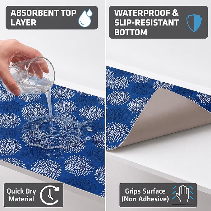 Drymate Premium Luxury Shelf & Drawer Liner, Thick Cushioned Fabric, Non-Adhesive, Absorbent, Waterproof, Slip-Resistant, Liners for Kitchen Cabinets, Cupboards (USA Made)(12”x59”)(2-Pack)(GoodBlue)