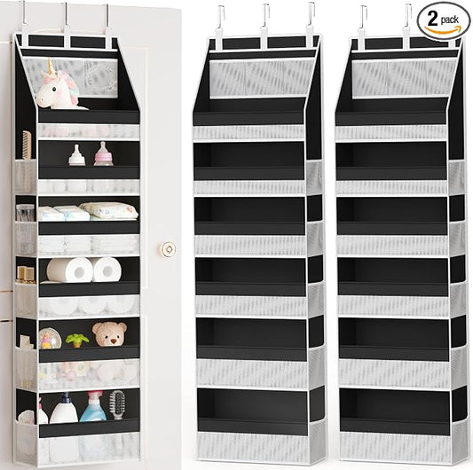 Criusia 2 Pack Over the Door Organizer, Heavy-Duty 6-Shelf Hanging Storage with 13 Mesh Pockets, 55lbs Capacity Behind the Door Storage for Nursery, Bathroom, Bedroom, and Dorm, Black