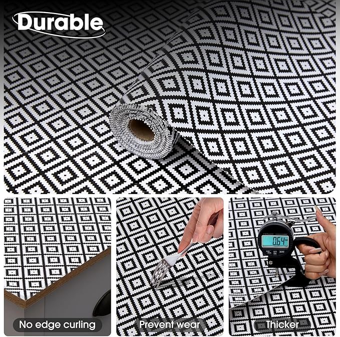 Drawer and Shelf Liner, Non-Slip Kitchen Cabinet Liners Non-Adhesive Thick Strong Grip Waterproof Washable Mats Protect Dresser Shelves Cupboard Bathroom Cabinets, Black & White, 24 in X 20 FT