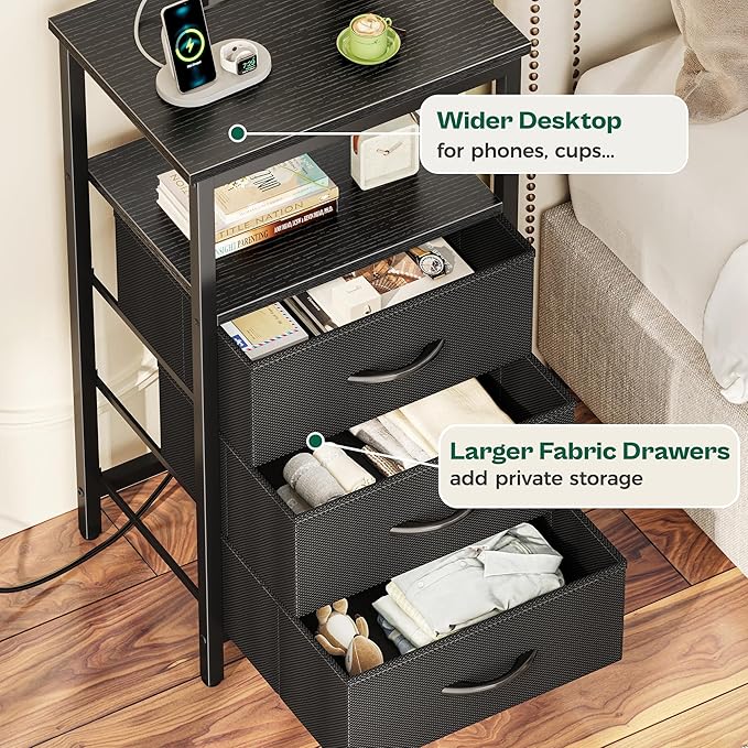 Huuger Night Stand with Charger Station and LED Lights, 3 Drawer Nightstand, Bed Side Table with Open Shelf, End Table, Tall Fabric Dresser for Bedroom, Black