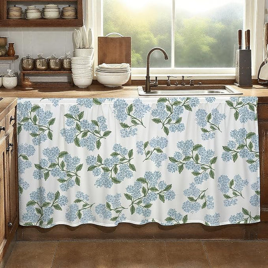 MUGINYU Cabinet Curtains 28" W x 51" L Sink Skirt for Bathroom,Blue Green Floral Hydrangea Short Curtains for Kitchen &Classroom,Vintage Farmhouse Closet Dishwasher Curtain with Velcro