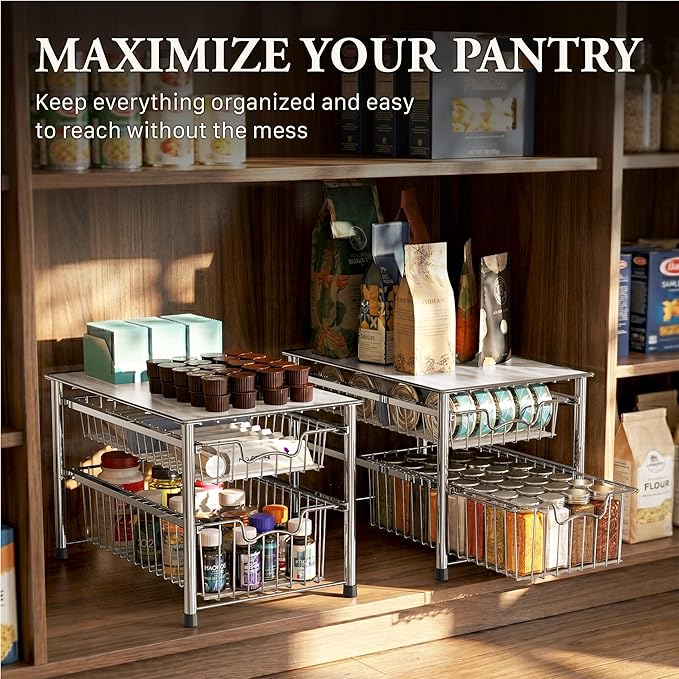 Simple Houseware Stackable 2 Tier Sliding Basket Organizer Drawer, Chrome