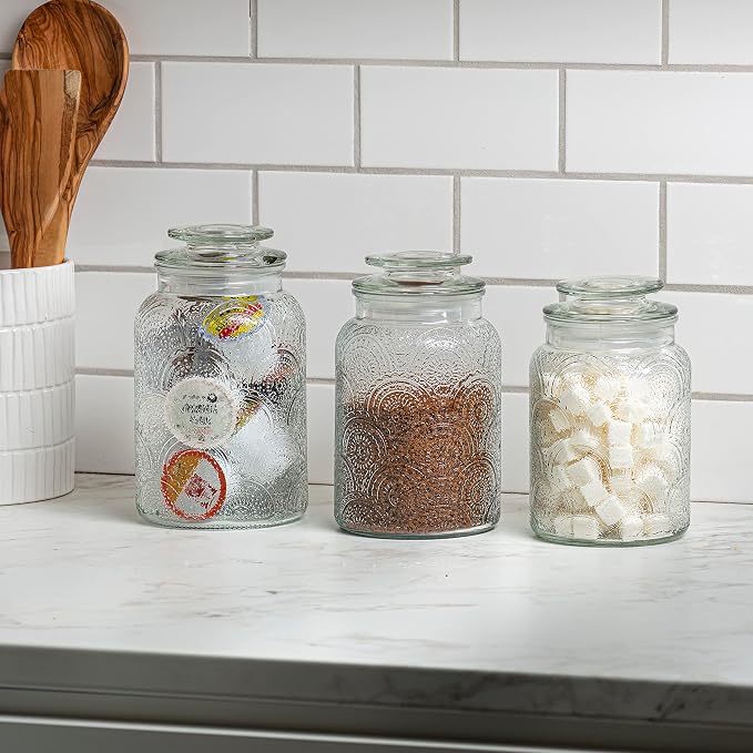 Le'raze Food Storage Containers with Airtight Lids - Retro Design - Pantry Organization, Glass Canisters Storage for Cookies, Tea, Sugar, Candy Jars, Sugar Packet, Set of 3