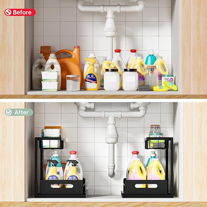 Under Kitchen Sink Organizer 2 Tier, Pull Out Bathroom Sink Organizers and Storage, Cabinet Kitchen Bathroom Storage Organization Shelf, 1 Pack Black