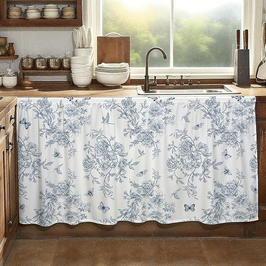 MUGINYU Cabinet Curtains 28" W x 51" L Sink Skirt for Bathroom,Blue Vintage Floral Short Curtains for Kitchen &Classroom,Farmhouse Cottage Core Closet Dishwasher Curtain with Velcro