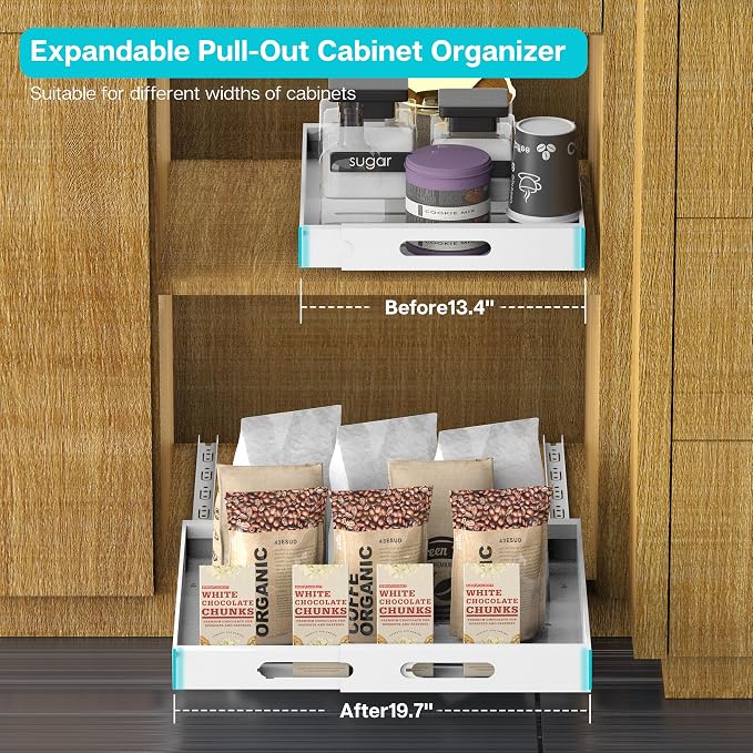 Expandable Pull Out Cabinet Organizer 21" Deep, Adhesive Pull Out Drawers For Cabinets 12.6"W - 20.5"W, No Drill Pull Out Cabinet Organizer Expandable, Expandablet Drawer For Kitchen, Pantry, Bathroom