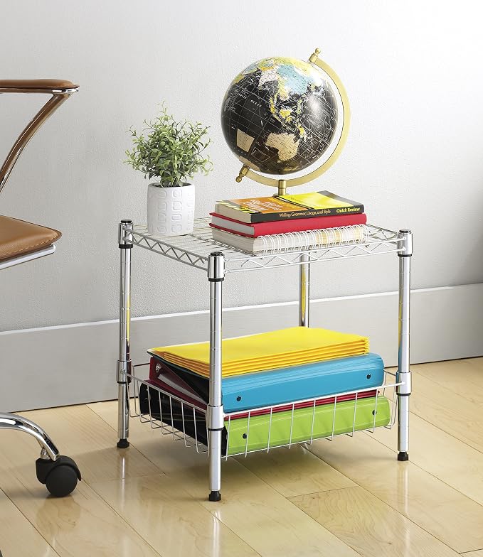 Whitmor 2-Wire Shelving Unit, Metal Storage Shelves, Stacking Shelf with Basket, Easy Assembly Home Organizer for Pantry, Kitchen, Garage, Plant